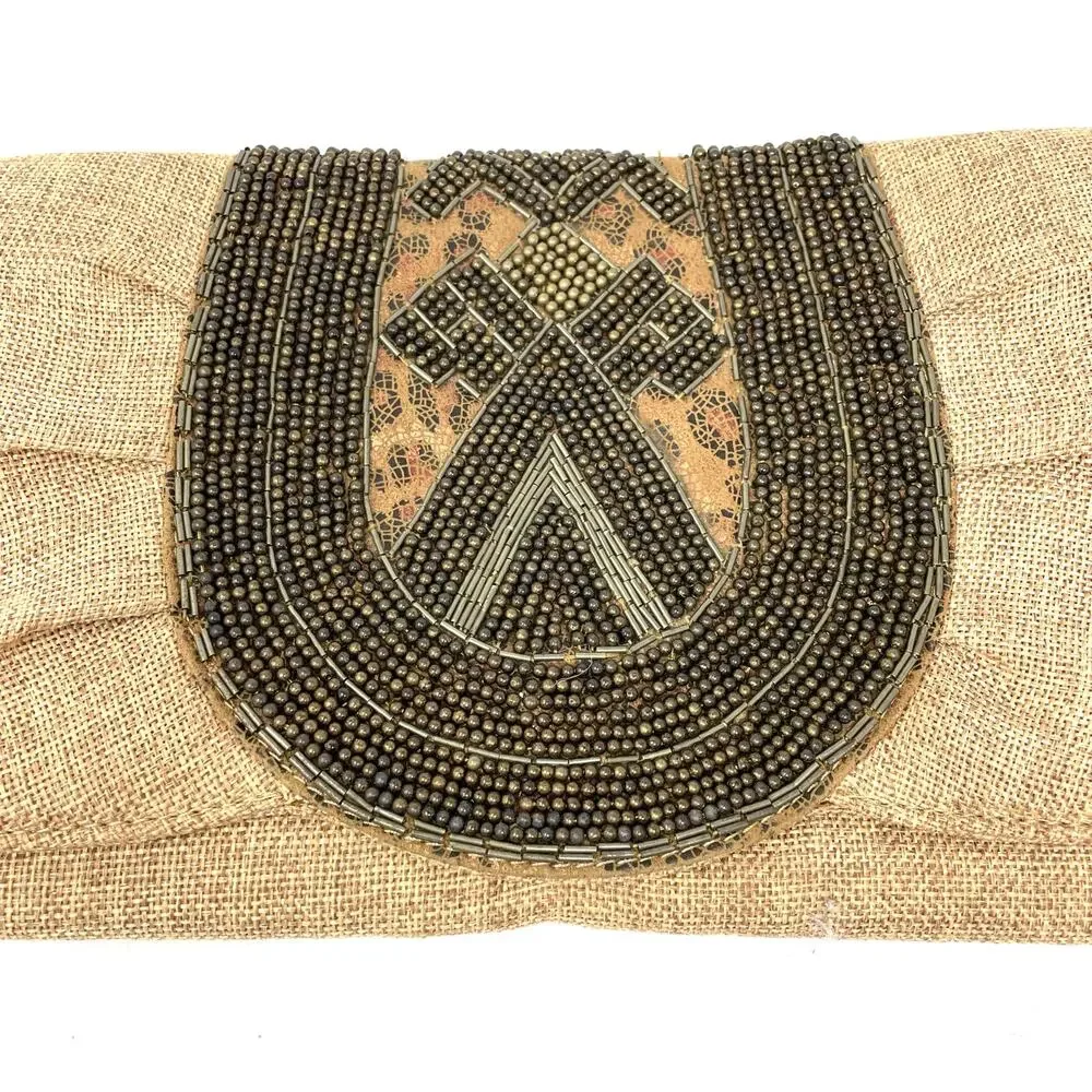 Chico’s Burlap Envelope Clutch Handbag With Beaded Front Detail Boho Preowned